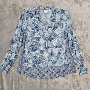 J Jill Blue Geometric Blouse Sz Lg Petite Rayon vneck